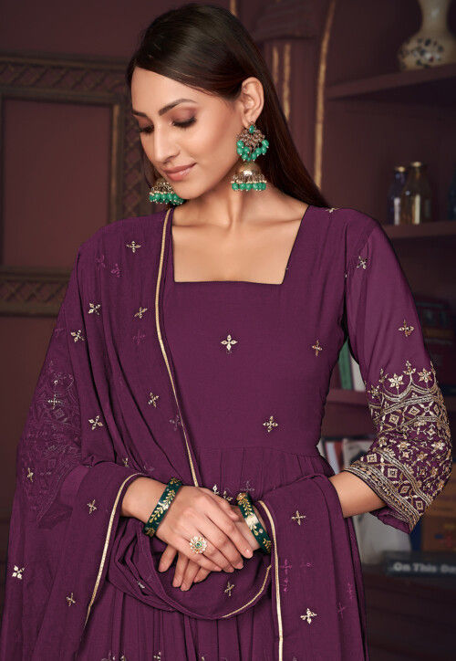 Embroidered Georgette Anarkali Suit in Purple