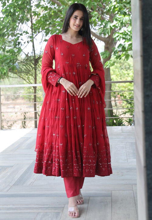 Embroidered Georgette Anarkali Suit in Red