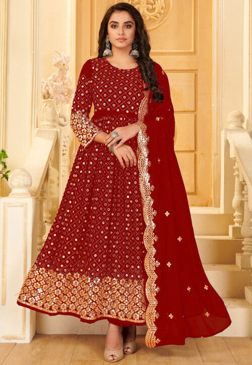 Embroidered Georgette Anarkali Suit in Maroon