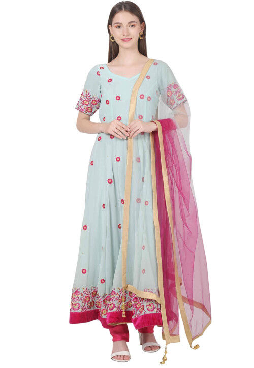 Embroidered Georgette Anarkali Suit in Sea Green
