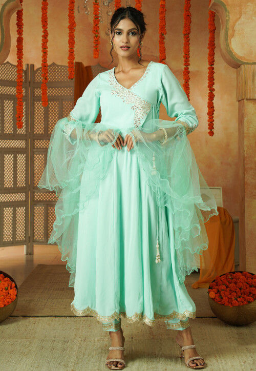 sea green anarkali dress Sea Green and Sky Blue Embroidered Anarkali Gown – FALAKENOOR