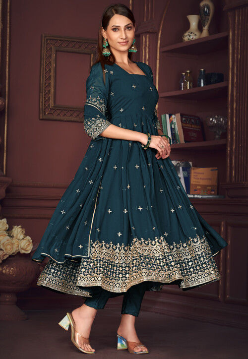 Embroidered Georgette Anarkali Suit in Teal Blue