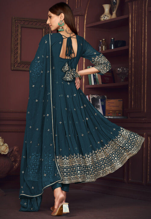 Embroidered Georgette Anarkali Suit in Teal Blue
