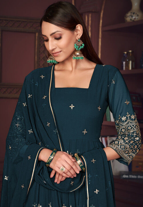 Embroidered Georgette Anarkali Suit in Teal Blue