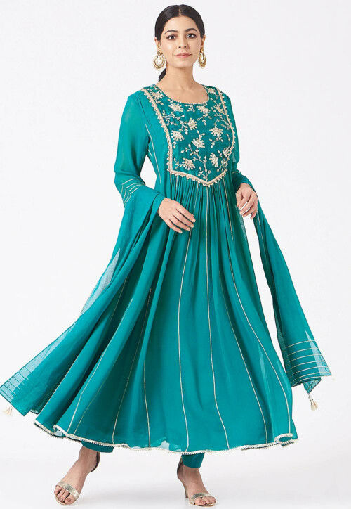 Buy Embroidered Georgette Abaya Style Suit in Teal Blue Online ...