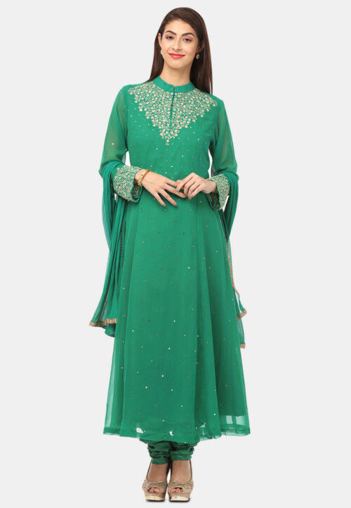 Embroidered Georgette Anarkali Suit in Teal Green