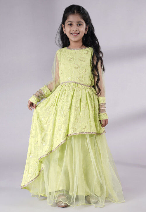 Embroidered Georgette and Net Abaya Style Suit in Light Green