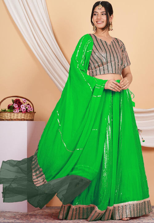 Embroidered Georgette and Net Dupatta in Green and Dark Green