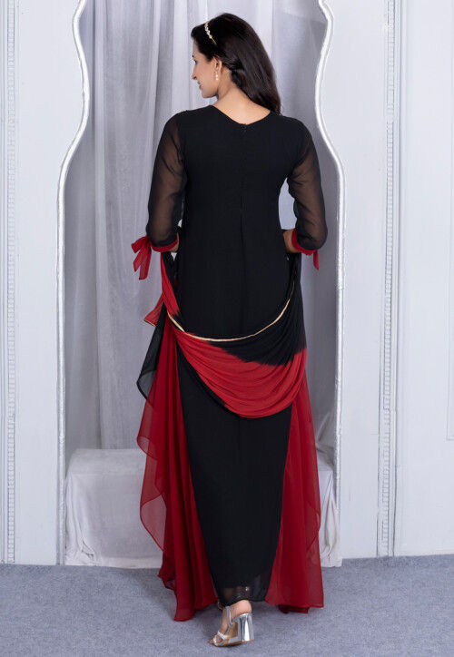 Embroidered Georgette Asymmetric Abaya Style Suit in Multicolor