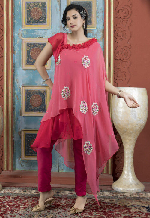 Embroidered Georgette Asymmetric Asymmetric Tunic in Pink