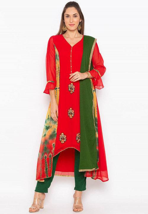 Embroidered Georgette Asymmetric Pakistani Suit in Red