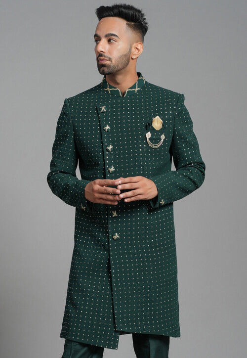 Embroidered Georgette Asymmetric Sherwani in Dark Green