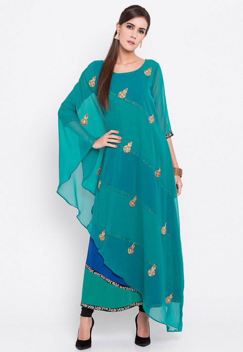 Embroidered Georgette Asymmetrical Style Kurta in Blue
