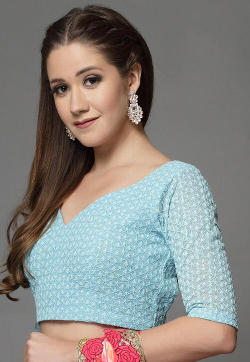 Buy Embroidered Georgette Back Cut Out Blouse in Sky Blue Online ...