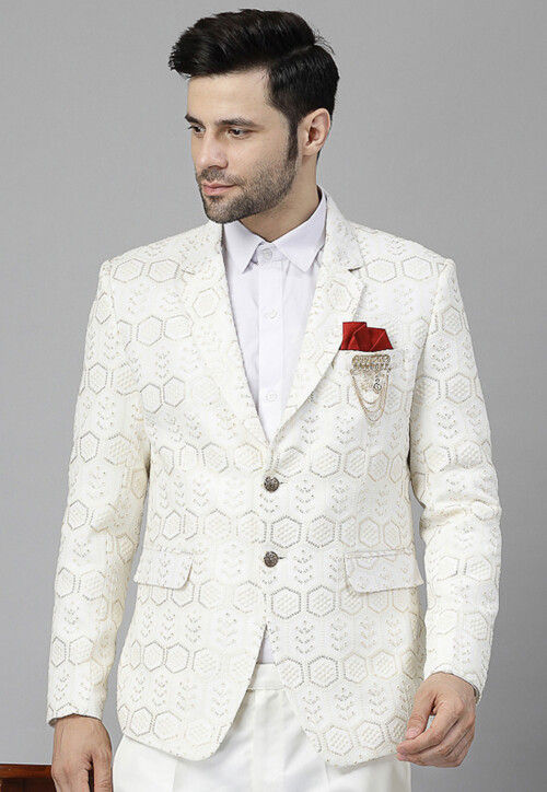 Buy Embroidered Georgette Blazer in Off White Online MXX1040 Utsav Fashion