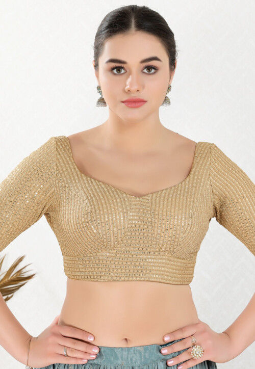 BEIGE GOLD CROP TOP AND PANT SET WITH MULTI COLOURED EMBROIDERED AND  ORGANZA FRILL DUPATTA - Seasons India