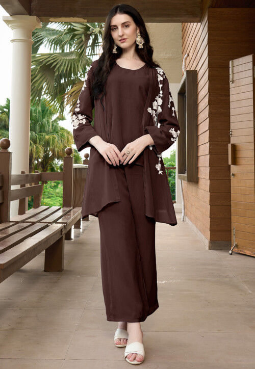 Embroidered Georgette Co Ord Set in Brown