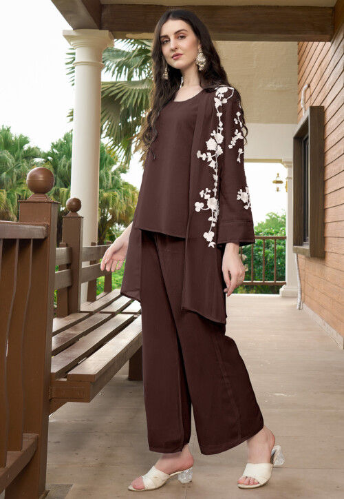 Embroidered Georgette Co Ord Set in Brown