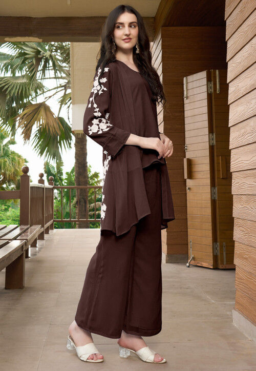 Embroidered Georgette Co Ord Set in Brown