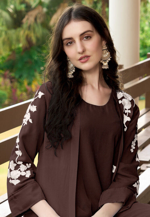 Embroidered Georgette Co Ord Set in Brown