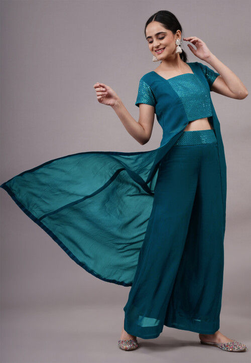 Buy Embroidered Georgette Co Ord Set in Teal Blue Online : TBN260 ...
