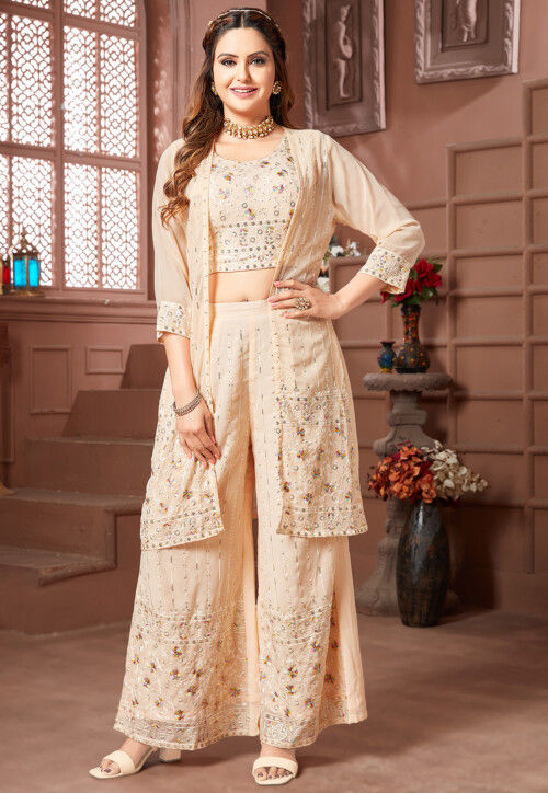 Embroidered Georgette Co Ord Set with Jacket in Peach