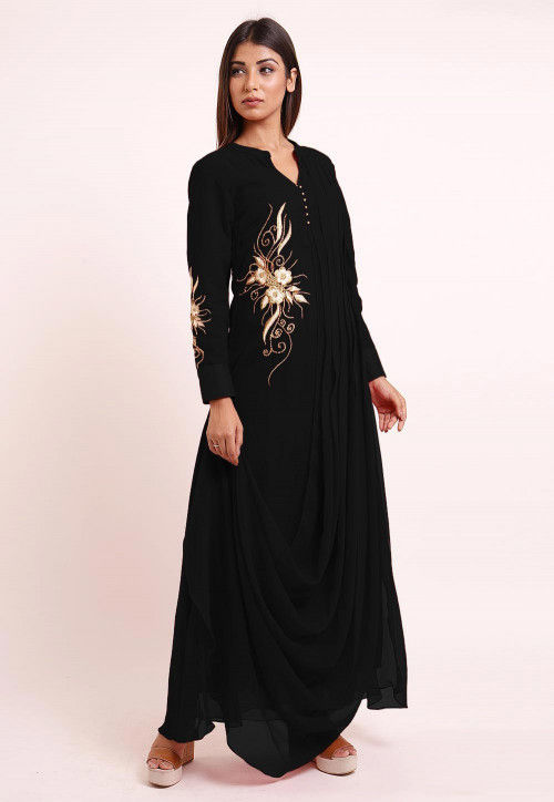 Embroidered Georgette Cowl Style Kurta in Black