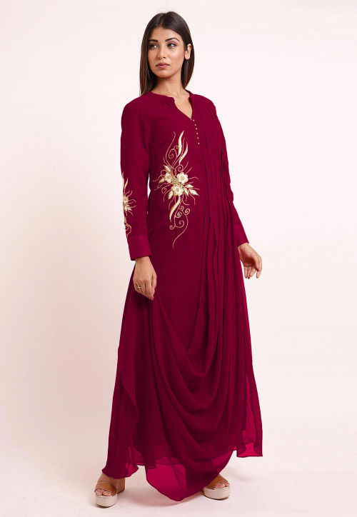 Embroidered Georgette Cowl Style Kurta in Magenta