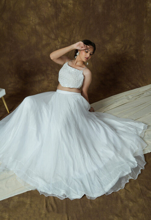 Embroidered Georgette Crop Top in White