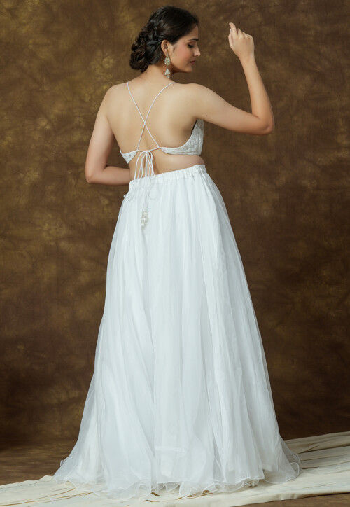 Embroidered Georgette Crop Top in White