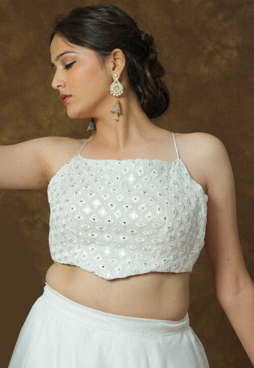 Embroidered Georgette Crop Top in White