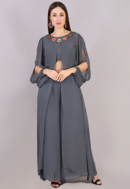 Embroidered Georgette Crop Top Set in Grey