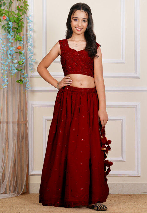 Embroidered Georgette Crop Top Set in Maroon