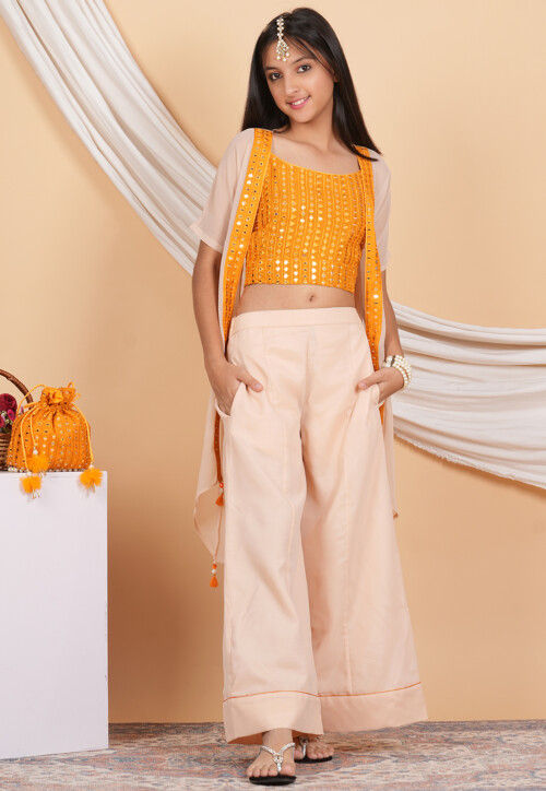 Embroidered Georgette Crop Top Set in Orange