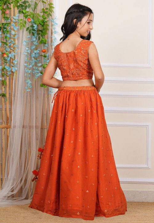 Embroidered Georgette Crop Top Set in Orange