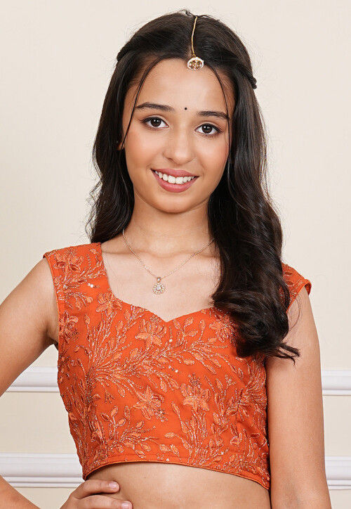 Embroidered Georgette Crop Top Set in Orange