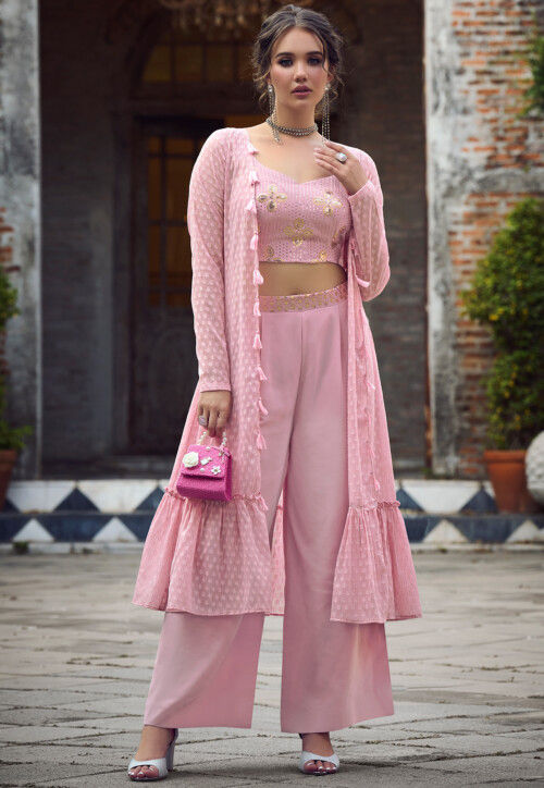 Embroidered Georgette Crop Top Set in Pink