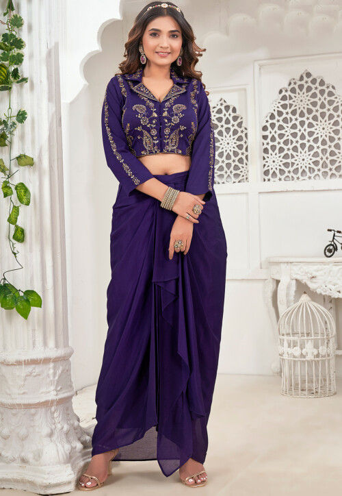 Embroidered Georgette Crop Top Set in Purple