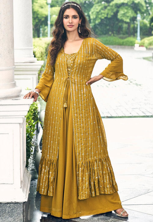Buy Embroidered Georgette Crop Top set with Jacket in Mustard Online TCH282 Utsav Fashion
