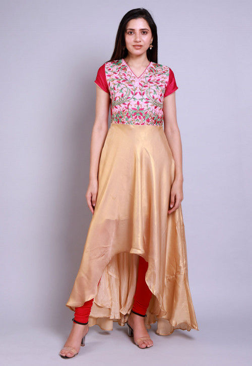Embroidered Georgette Deep Back Kurta in Golden and Pink