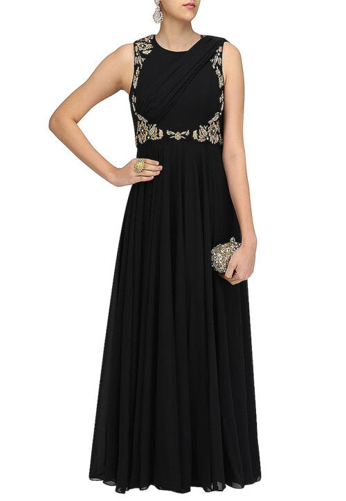 Gown : Black satin silk ruffle flairy party wear gown