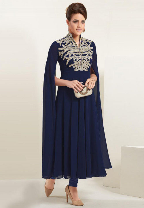 Embroidered Georgette Flared Kurta in Navy Blue