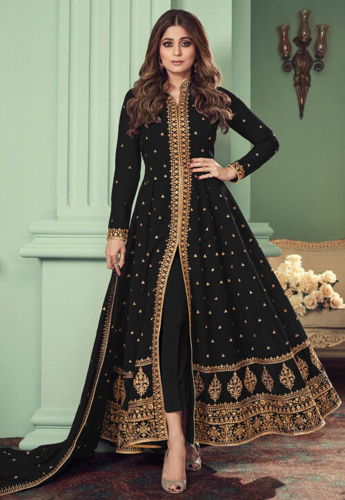 Embroidered Georgette Front Open Abaya Style Suit in Black
