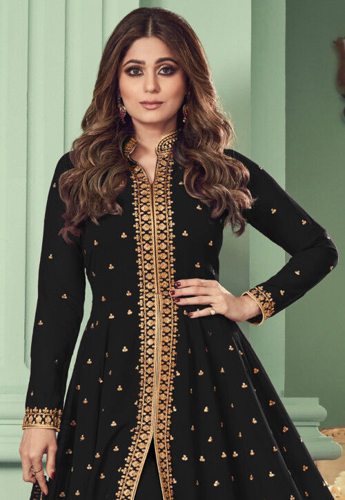 Embroidered Georgette Front Open Abaya Style Suit in Black