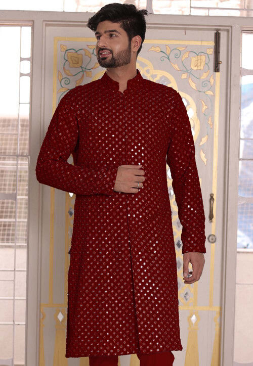 Embroidered Georgette Front Open Kurta in Maroon