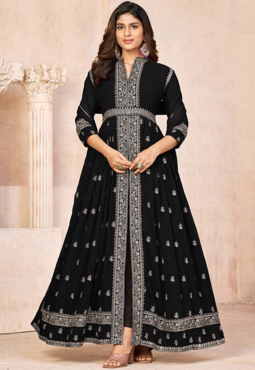 Embroidered Georgette Front Slit Abaya Style Suit in Black