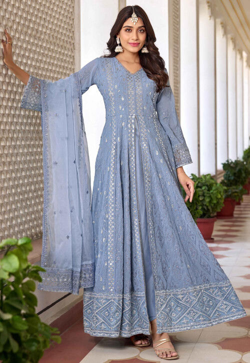 Buy Embroidered Georgette Front Slit Abaya Style Suit in Light Blue ...