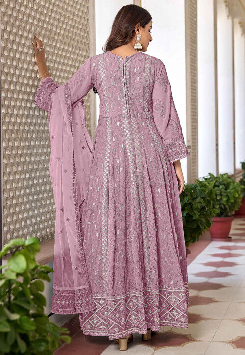 Buy Embroidered Georgette Front Slit Abaya Style Suit in Light Purple ...