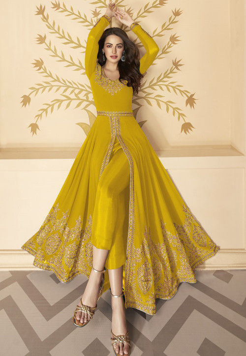 Embroidered Georgette Front Slit Abaya Style Suit in Mustard : KCH6490