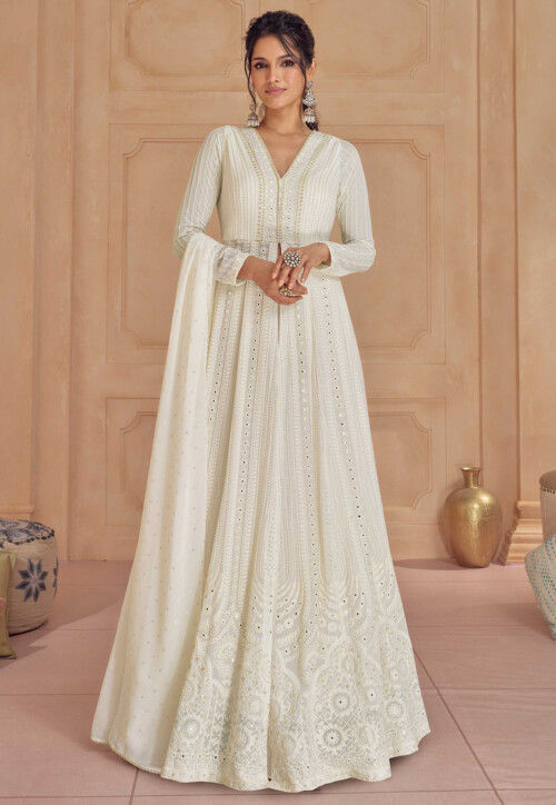 Embroidered Georgette Front Slit Abaya Style Suit in Off White